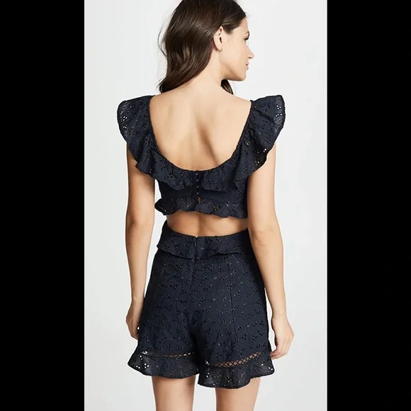 ASTR ALEXIS ROMPER Ruffle Cut Out Back Eyelet Floral Embroidery Dark Blue - Picture 7 of 16
